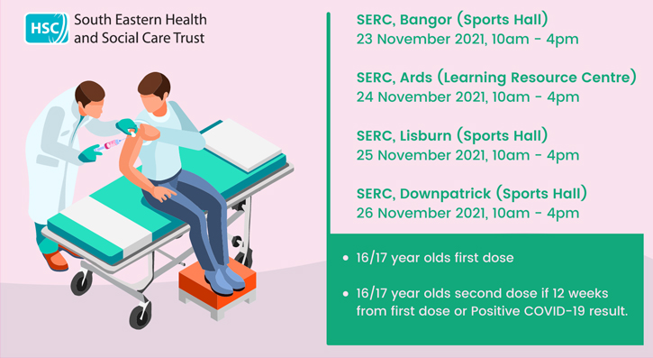 Graphic Displaying someone receiving a vaccine and information on vaccination clinics happening at the college